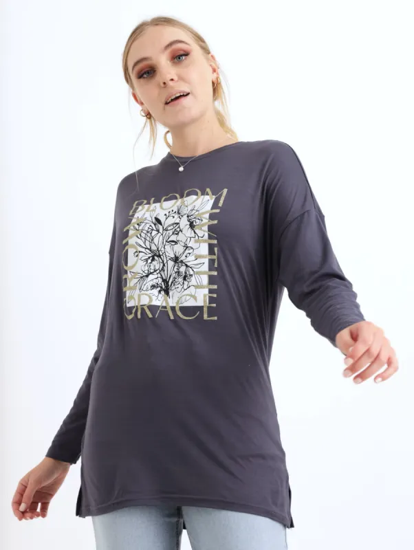 Ladies Long Sleeve Side Slit Bloom Grace Tee - Dark Navy sold by Edgars