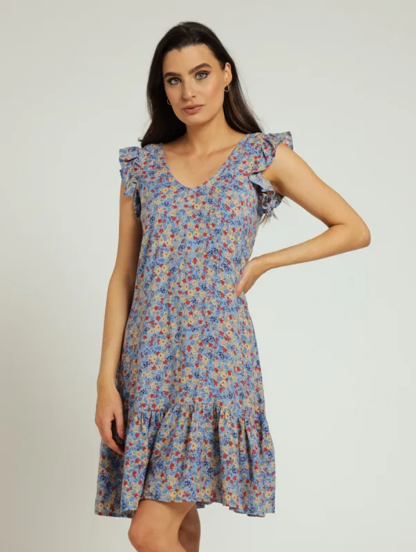 V-Neck Frill Sleeve Drop Hem Mini Dress With Tie Detail sold by Edgars