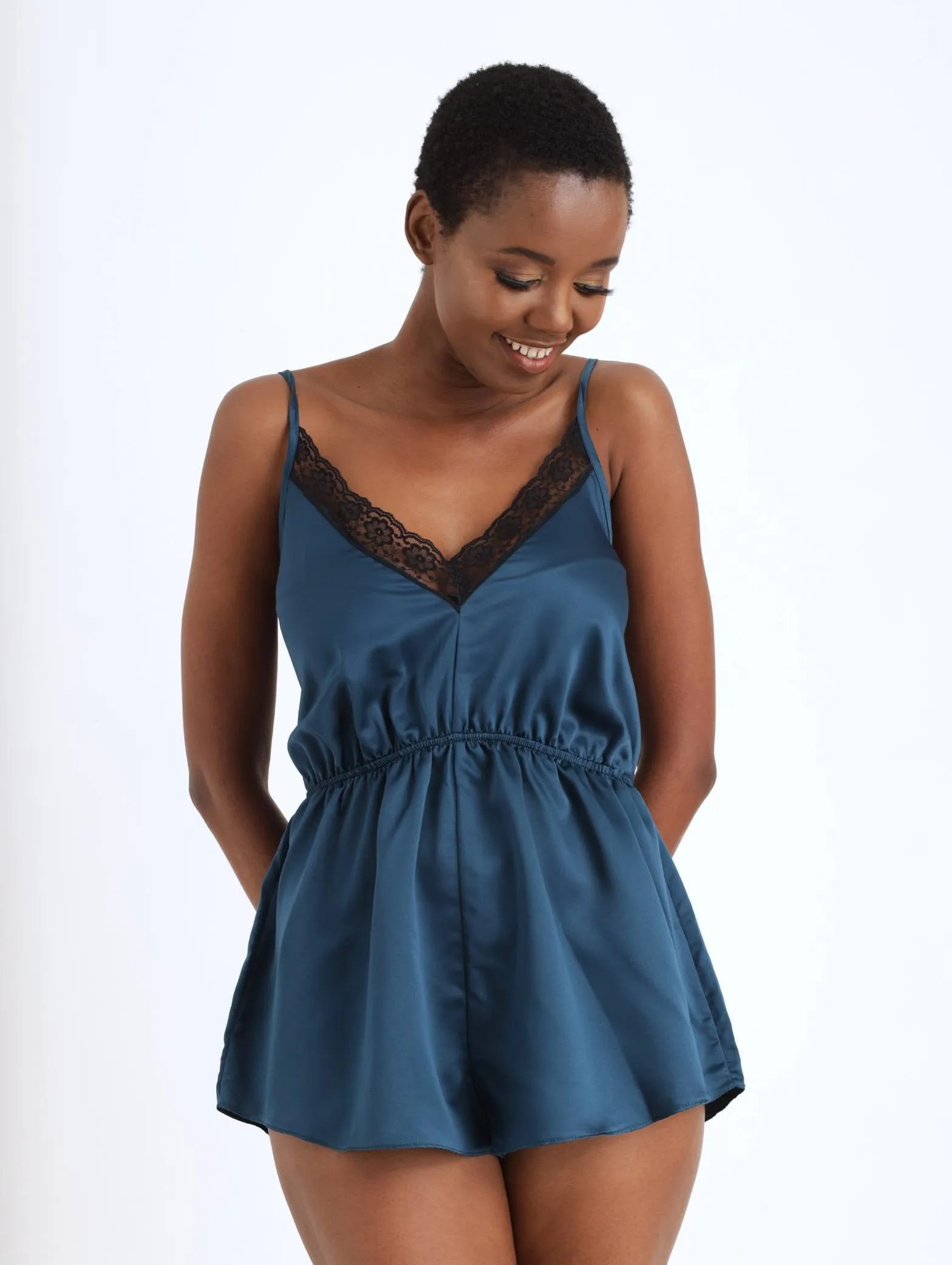 Ladies V-Neck Lace Up Teddy Sleepwear - Teal sold by Edgars