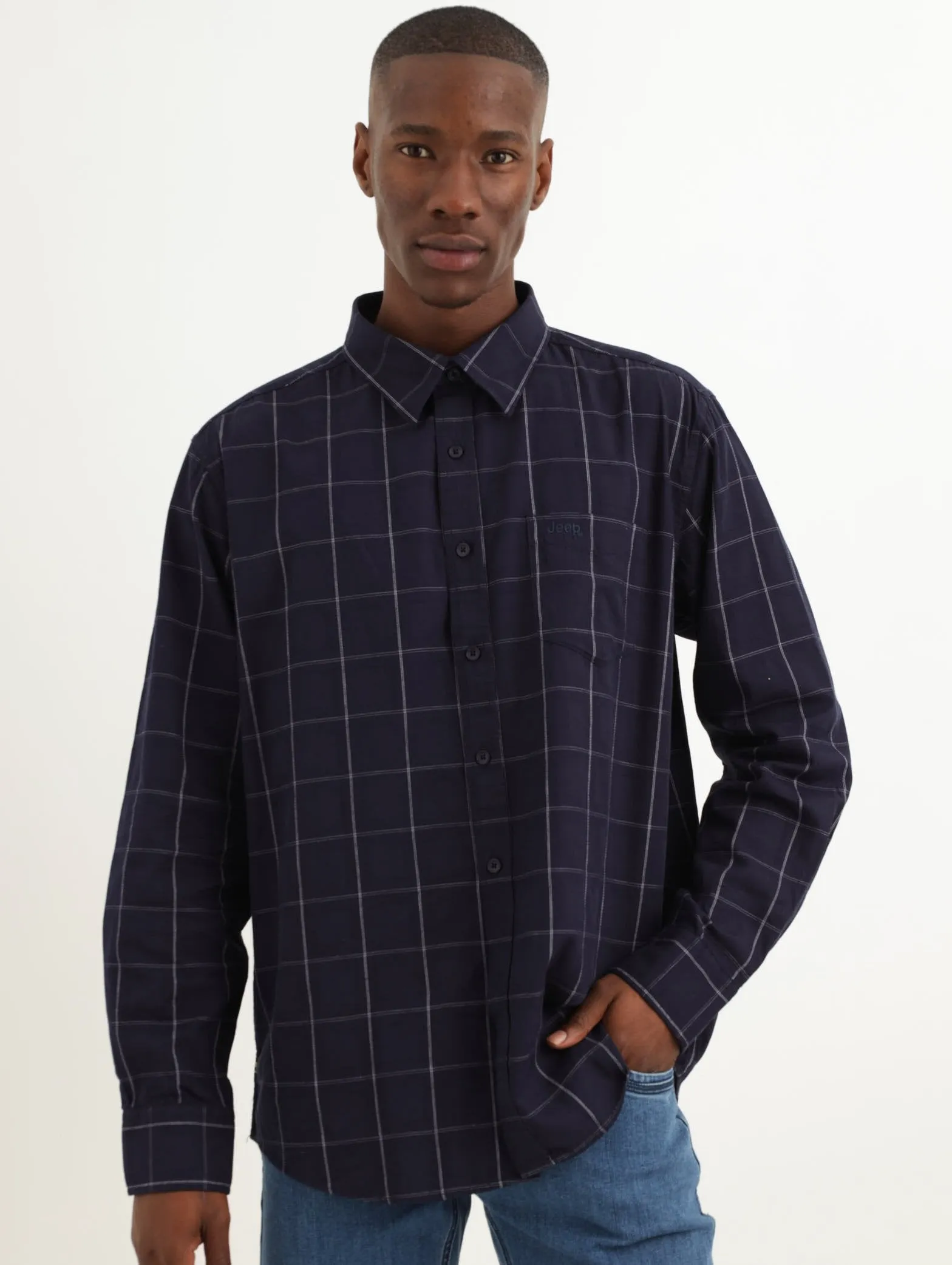 Men's Long Sleeve Check Shirt - Navy sold by Edgars