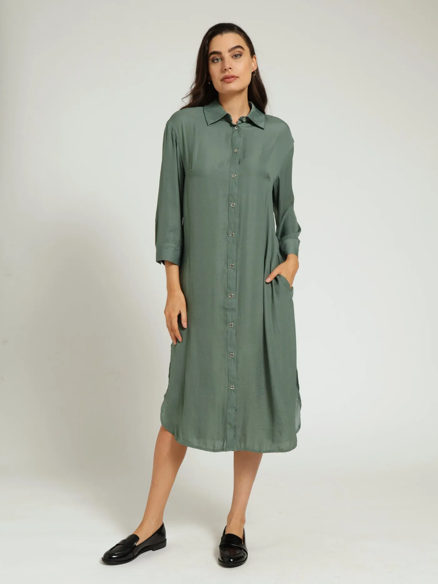Long Sleeve Midi Shirt Dress - Dark Sage sold by Edgars