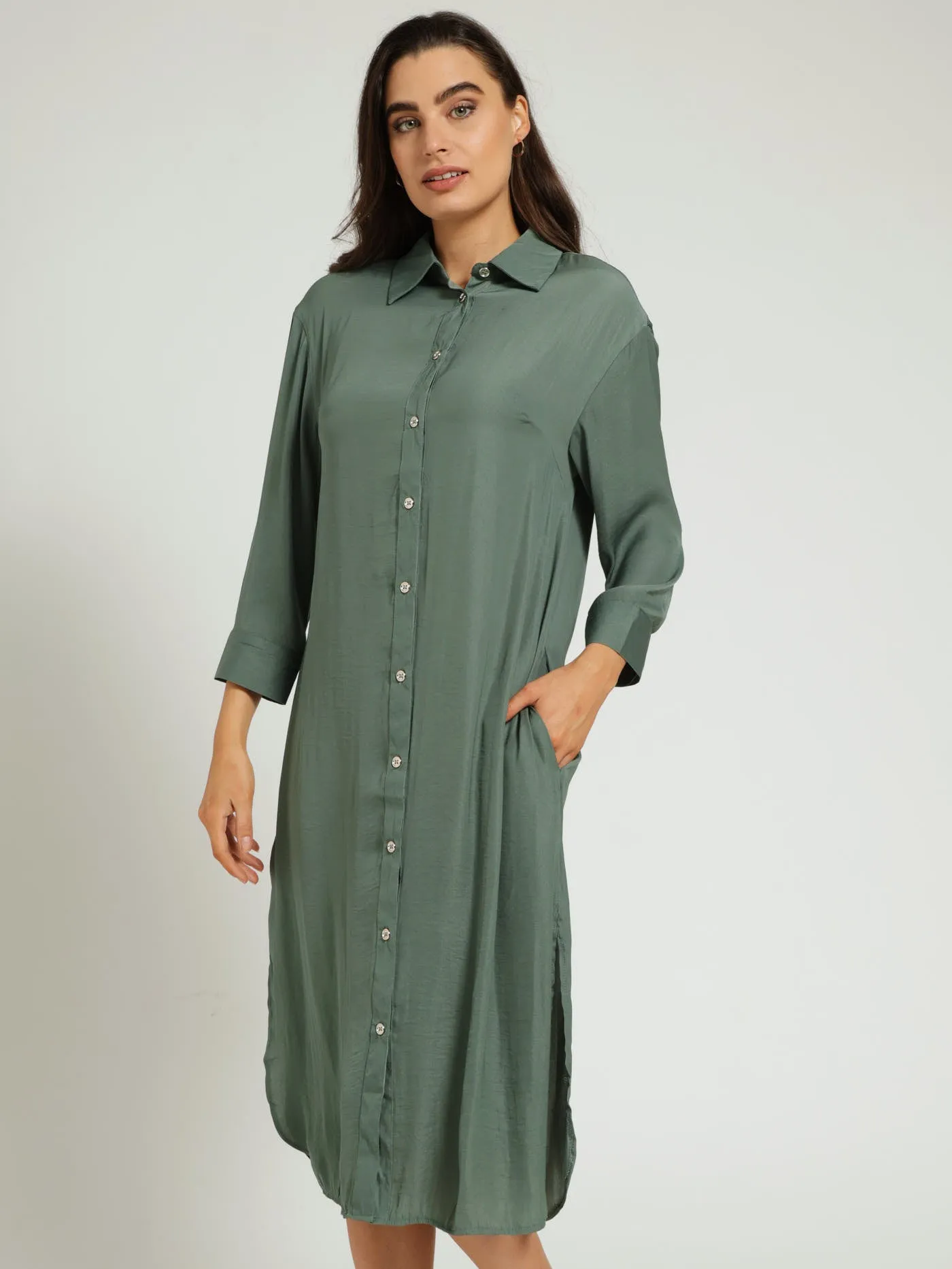 Long Sleeve Midi Shirt Dress - Dark Sage sold by Edgars product image thumbnail 2