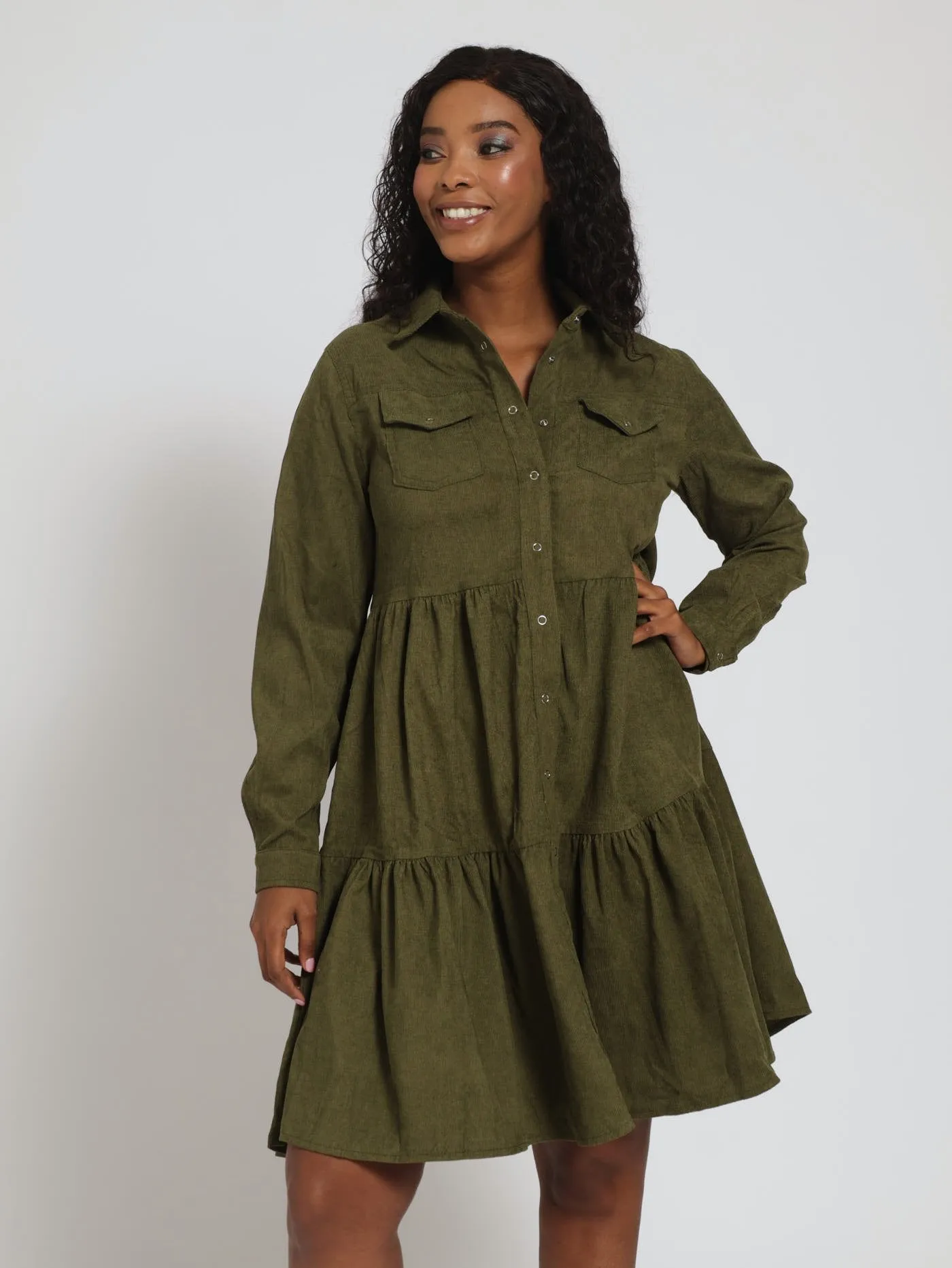 Long Sleeve Tiered 2 Pocket Mini Shirt Dress - Fatigue sold by Edgars