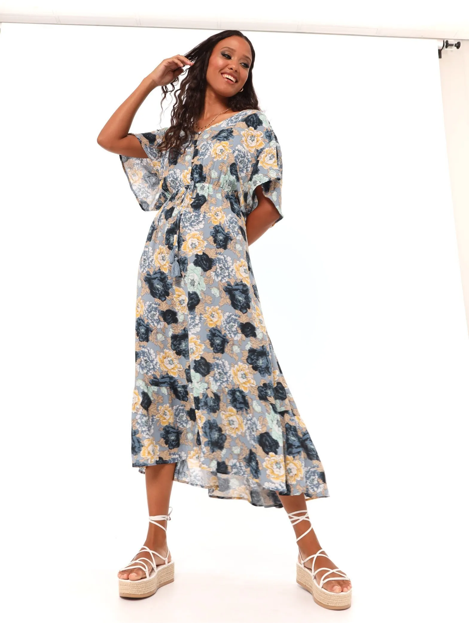 Ladies Smock Waist Hilo Frill Hem Midi Dress - Floral sold by Edgars