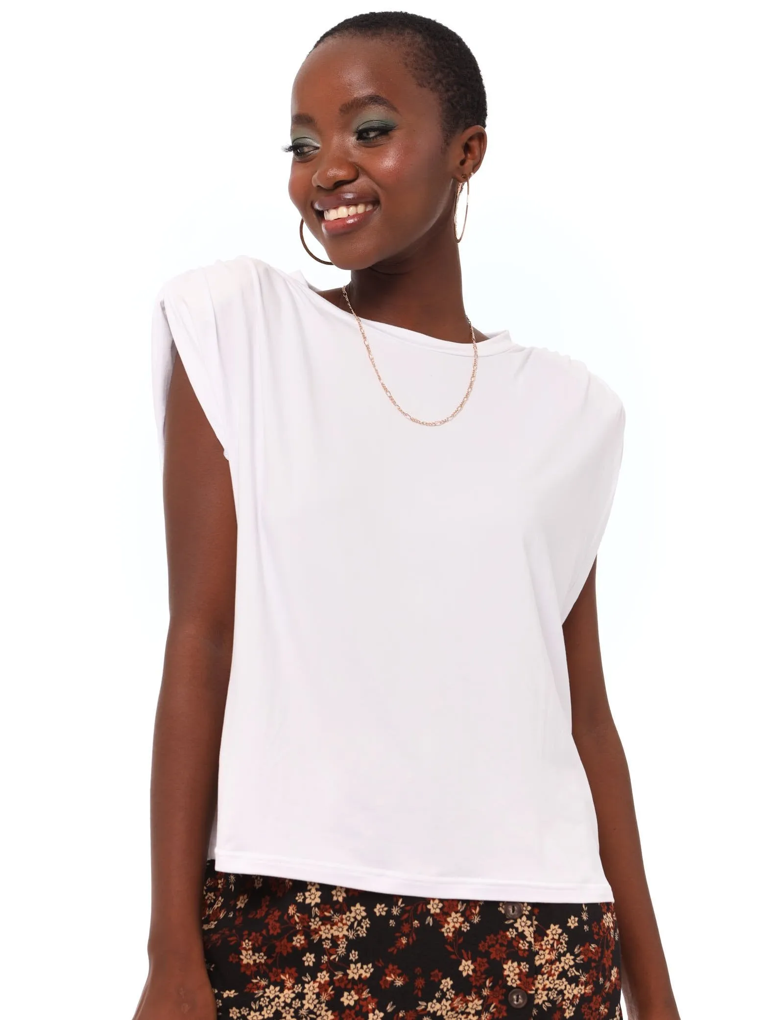 Ladies Shoulder Pad Tank - White sold by Edgars