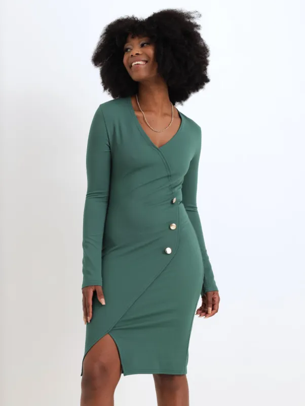 Ladies Button Detail Mock Wrap Dress - Sage sold by Edgars
