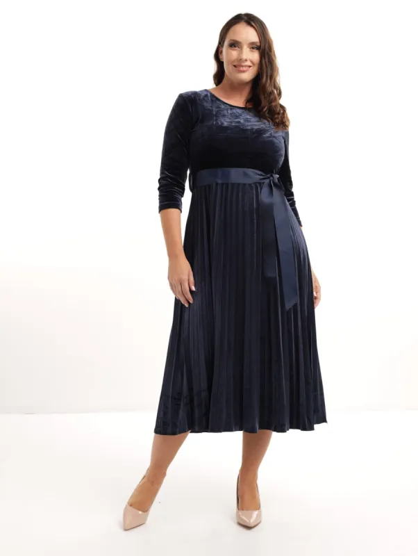 Ladies Plaeted Velour Dress - Navy sold by Edgars