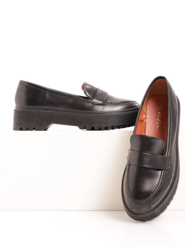 Ladies Plain Platform Loafer With Stitch Detail - Black sold by Edgars