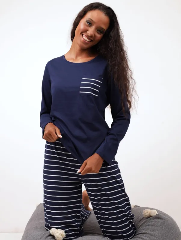 Ladies Striped Long PJ Set - Navy sold by Edgars