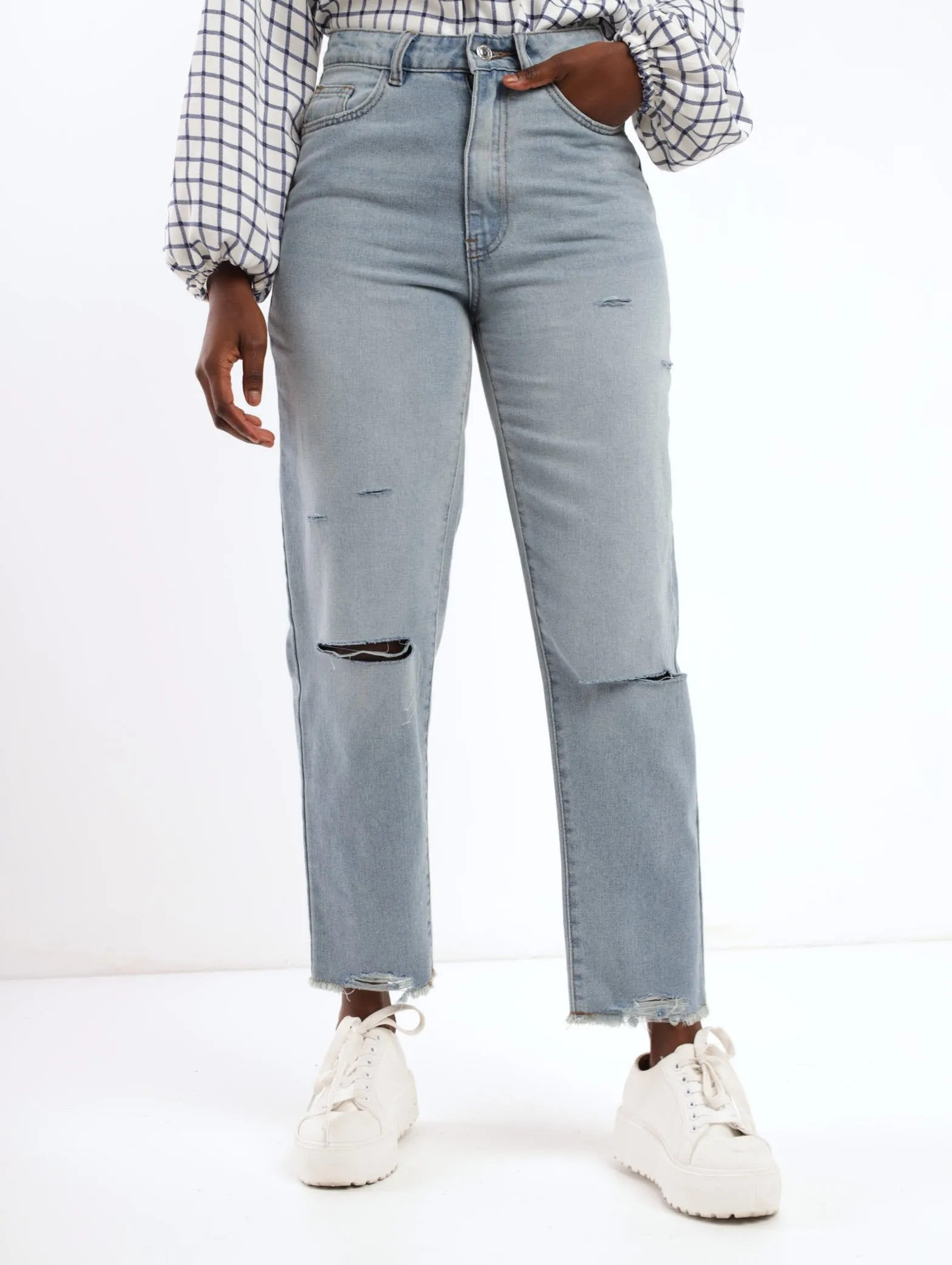 Ladies Stonewash Slash Thigh Denim Mom Jean sold by Edgars