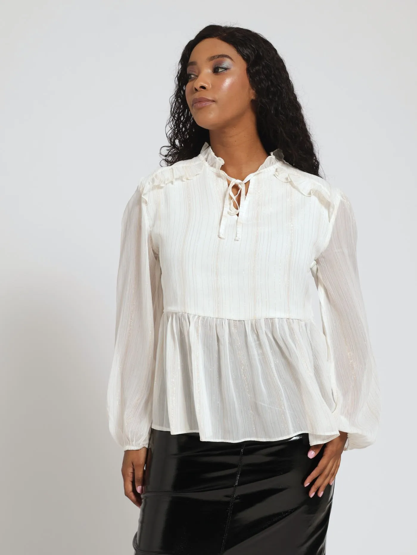 Tie Neck Ruffle Peplum Blouse - Cream sold by Edgars