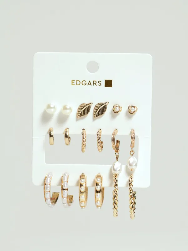 9 Pack Pearl Hoop & Leaf Earrings - Gold sold by Edgars