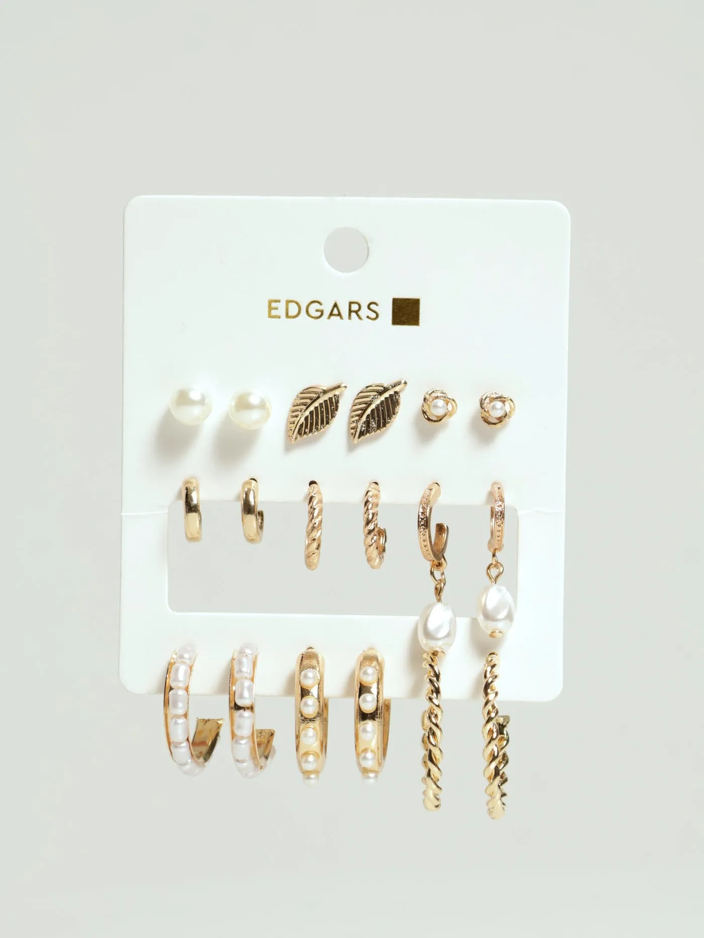 9 Pack Pearl Hoop & Leaf Earrings - Gold sold by Edgars