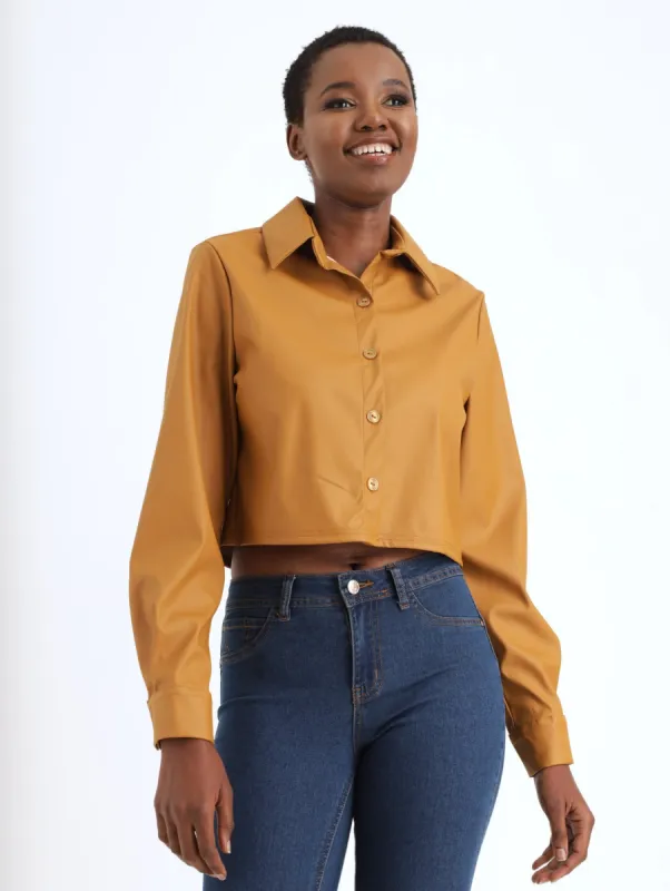 Ladies PU Crop Shirt Jacket - Tan sold by Edgars