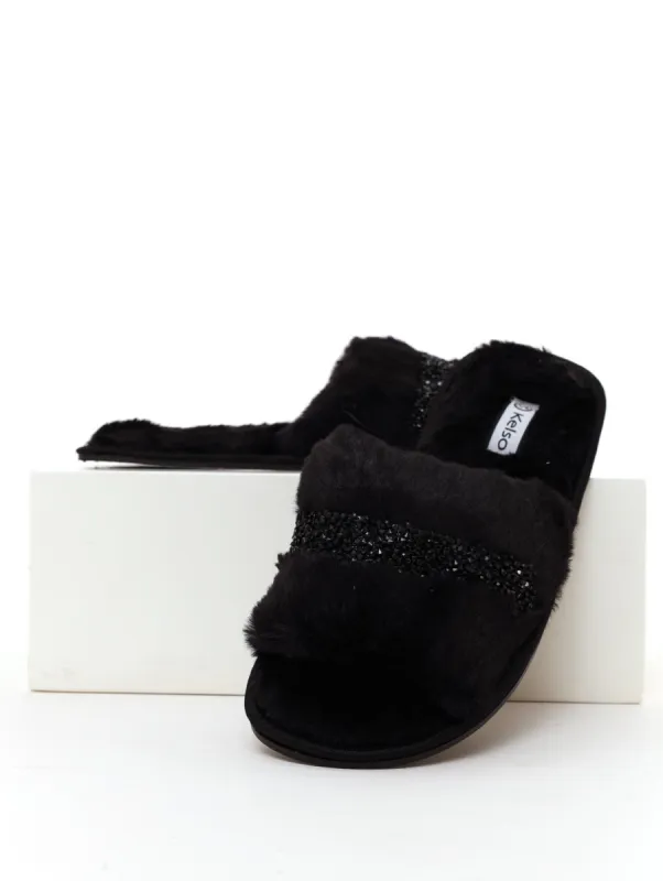 Ladies Fur Open-Toe Slipper - Black sold by Edgars