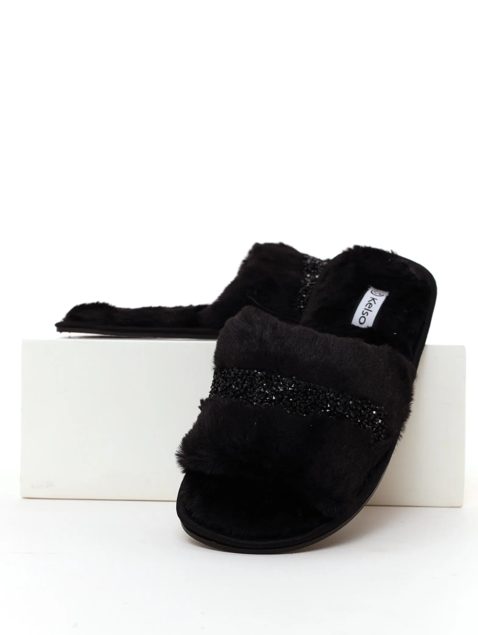 Ladies Fur Open-Toe Slipper - Black sold by Edgars