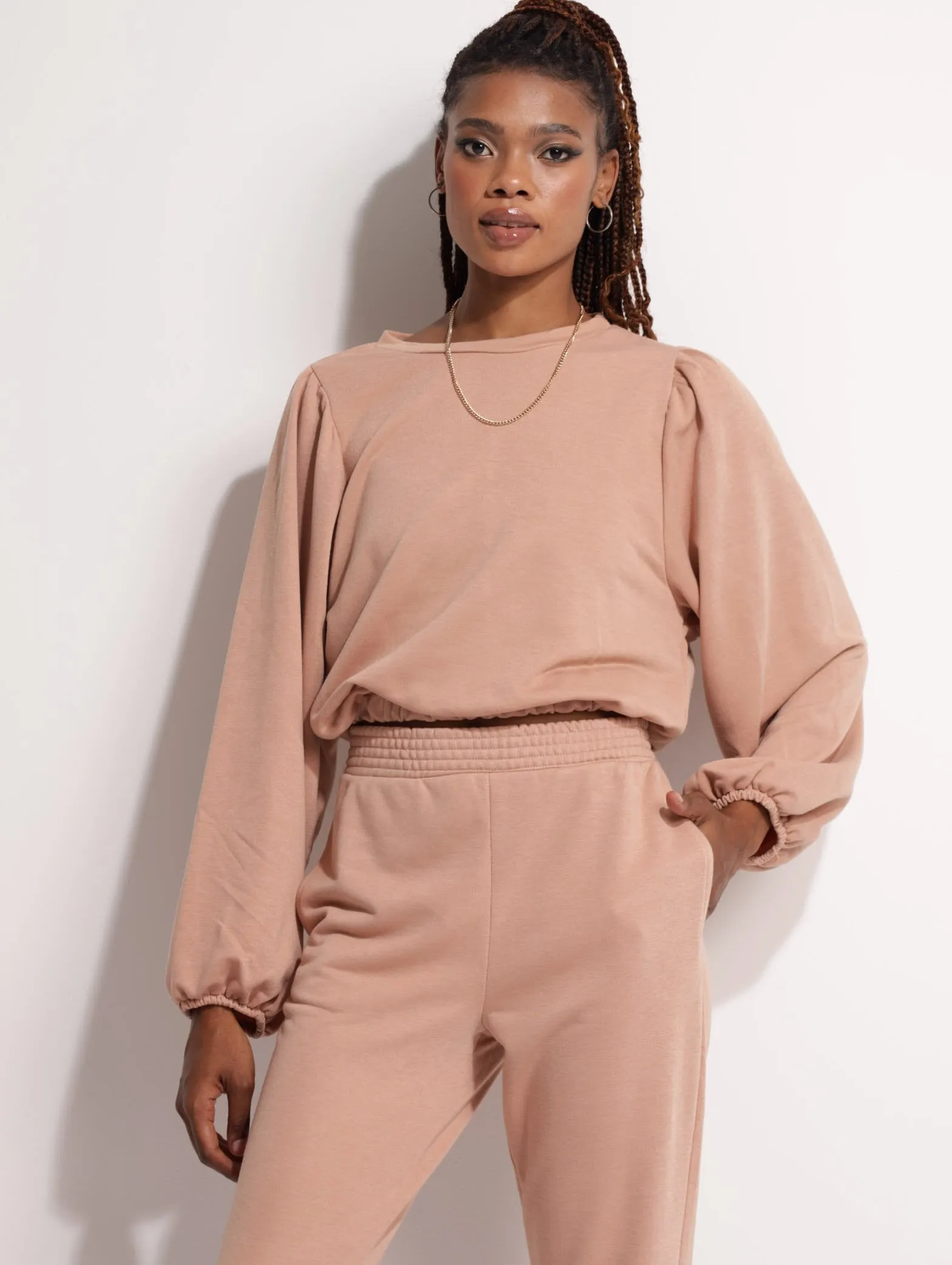 Ladies Puff Sleeve Elastic Hem Pullover - Stone sold by Edgars