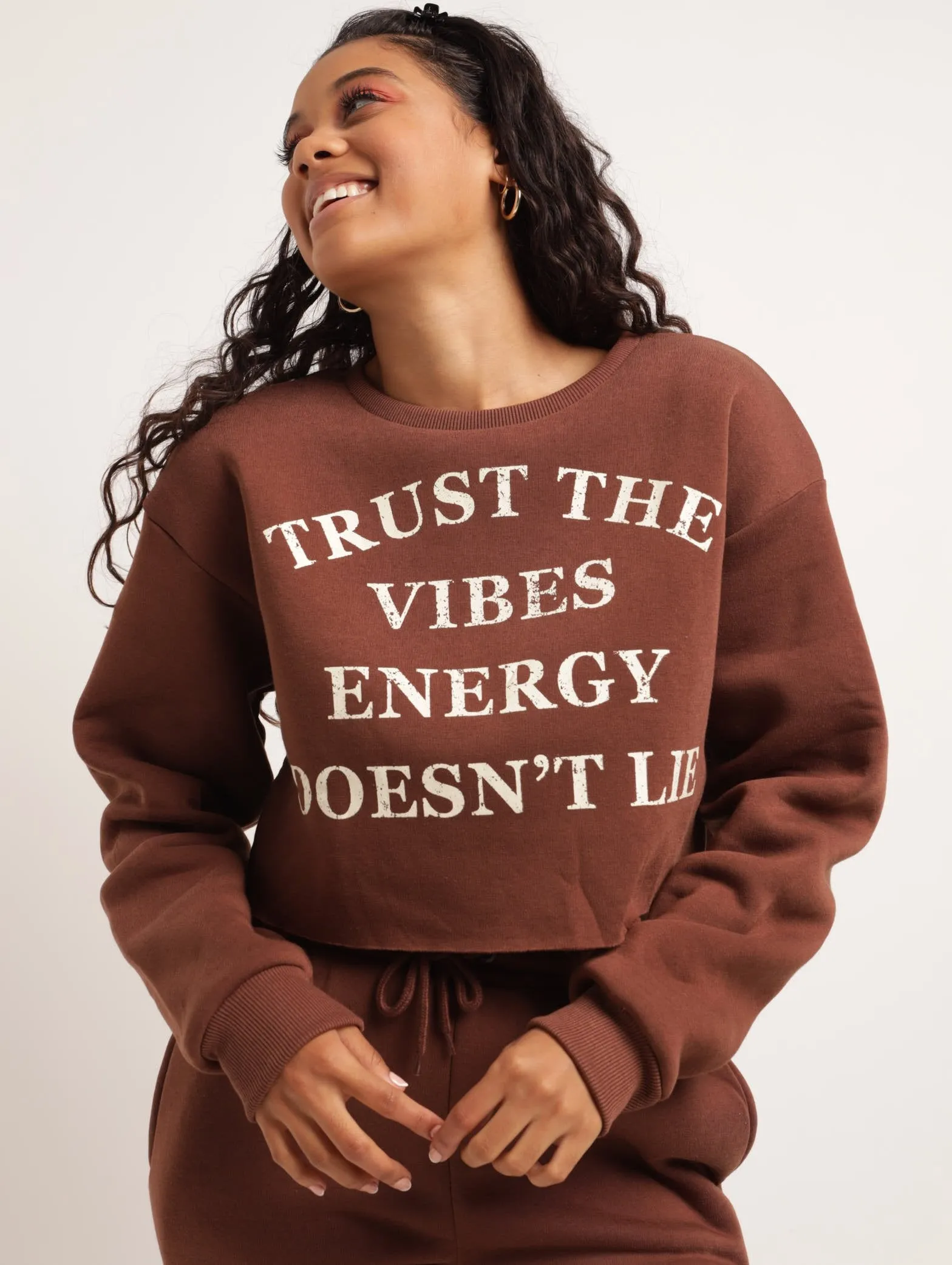 Ladies Printed Crew Fleece Top - Chocolate sold by Edgars