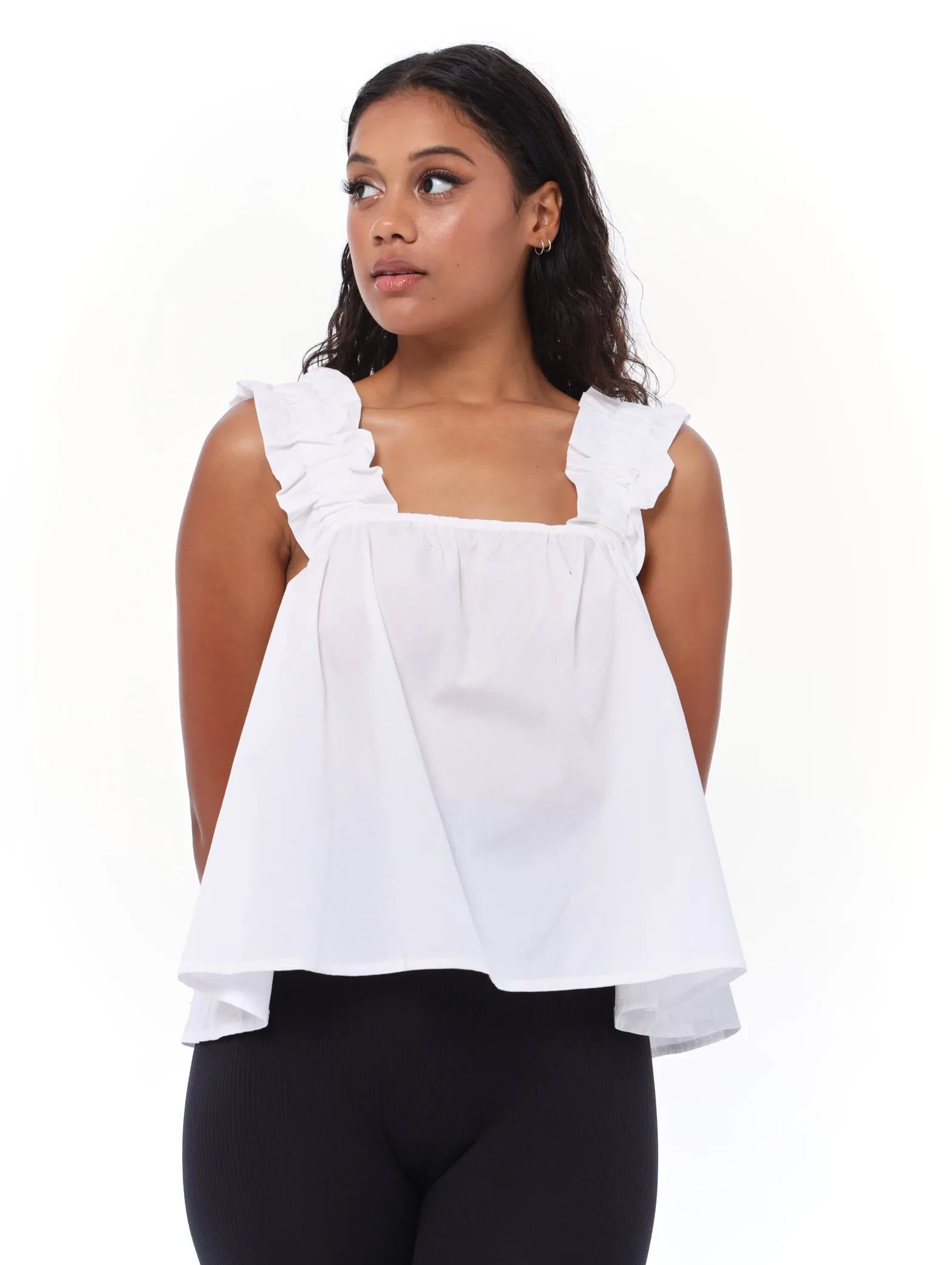 Ladies Cropped Poplin Frill Strap Top - White sold by Edgars