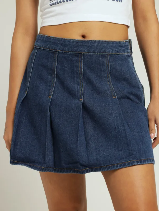 Denim Pleated Skirt - Mid Blue sold by Edgars