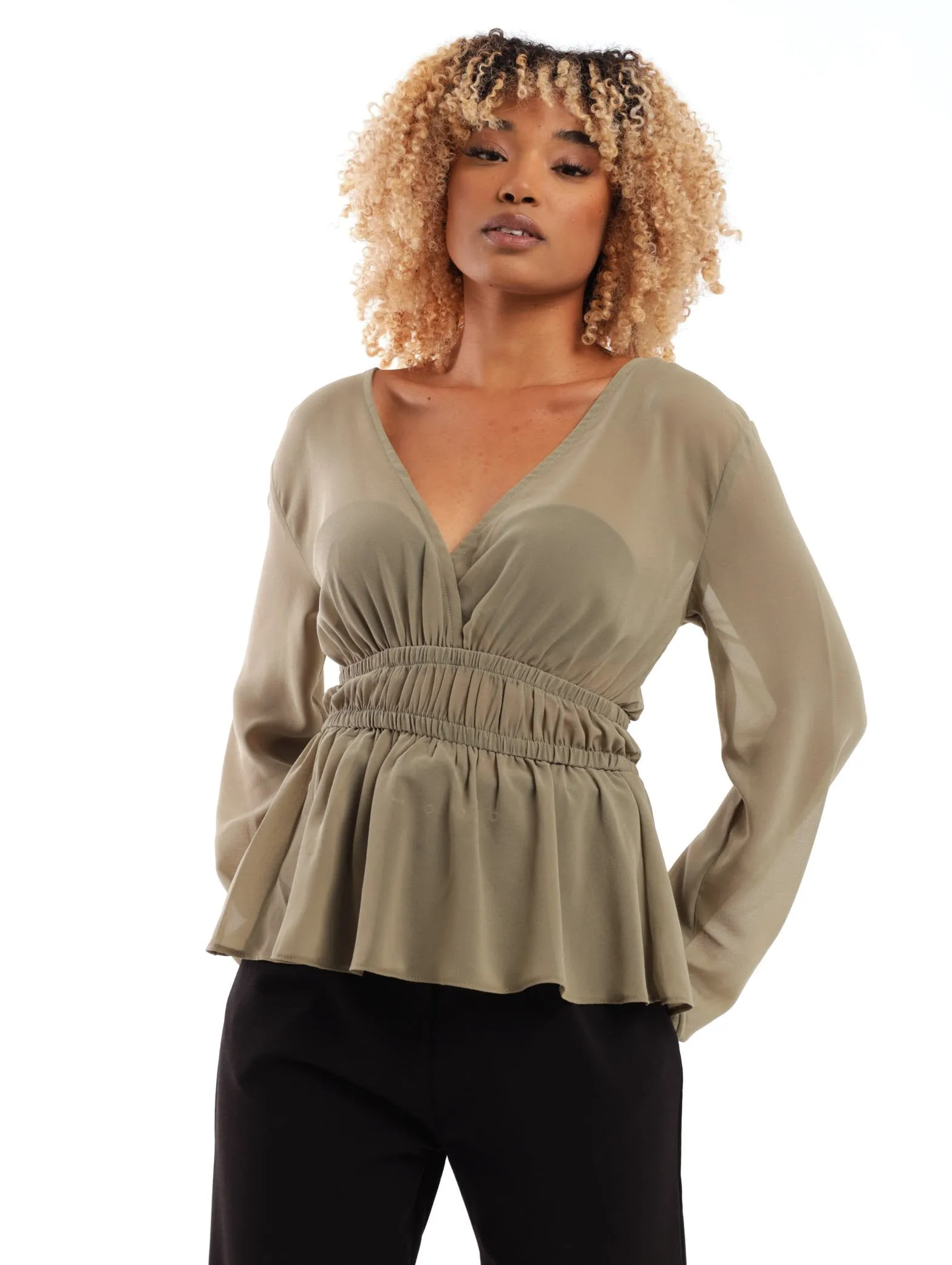 Ladies Long Sleeve Waist Tie Detail Top - Olive sold by Edgars