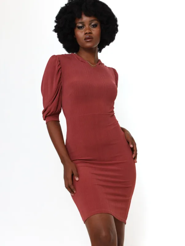 Ladies Balloon Sleeve Bodycon Dress - Auburn sold by Edgars