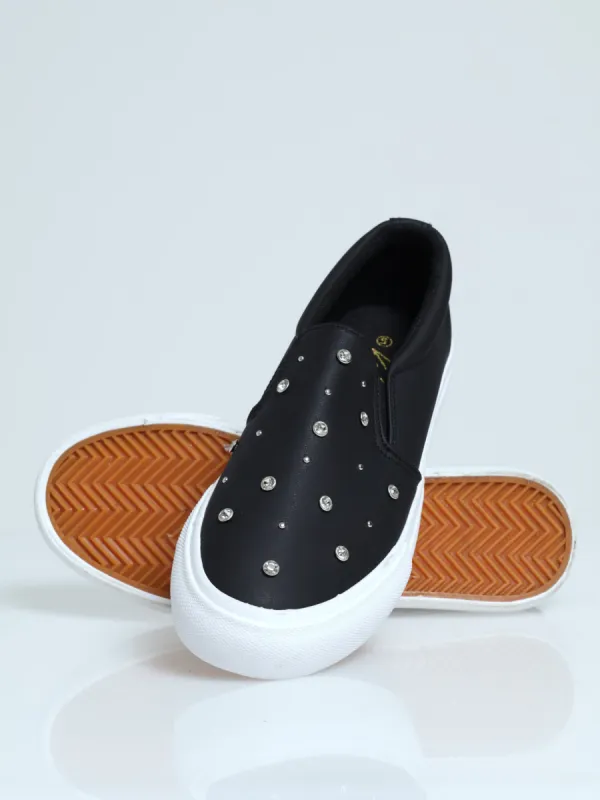 Diamante & Stud Trim Slip On Sneaker - Black sold by Edgars