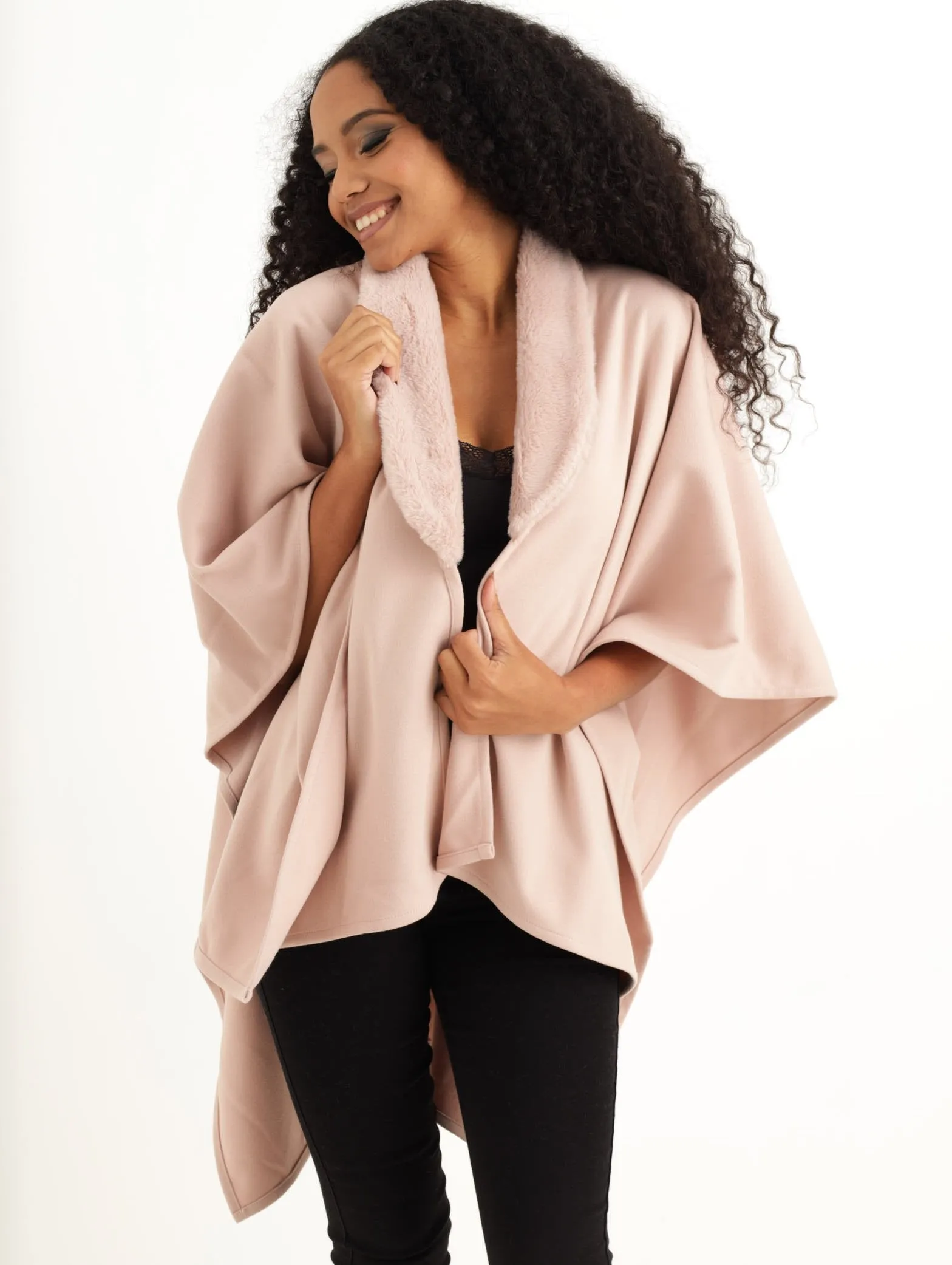 Ladies Faux Fur Trim Poncho - Pink sold by Edgars