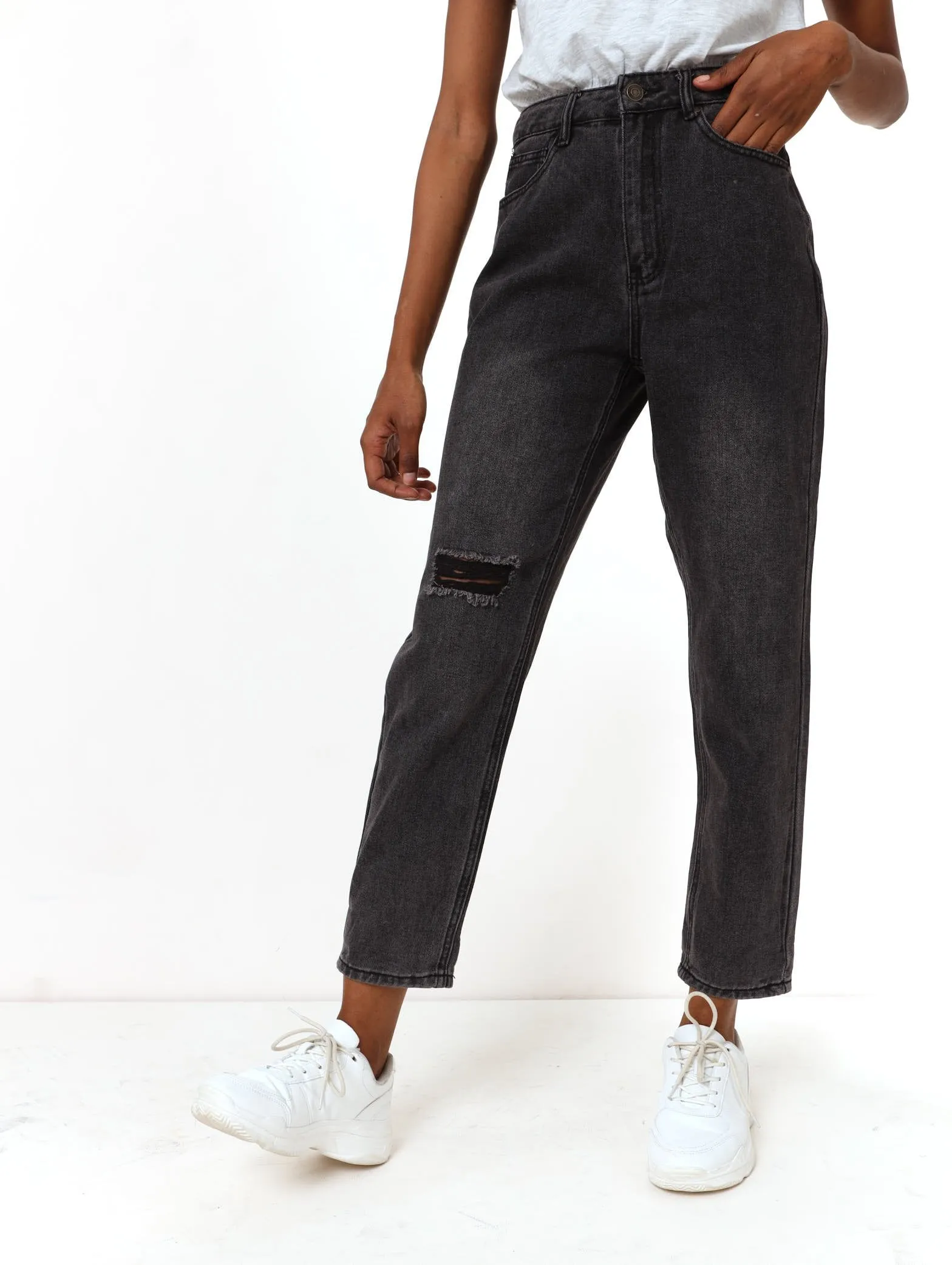 Ladies Black Slash Knee Mom Denim Jean sold by Edgars