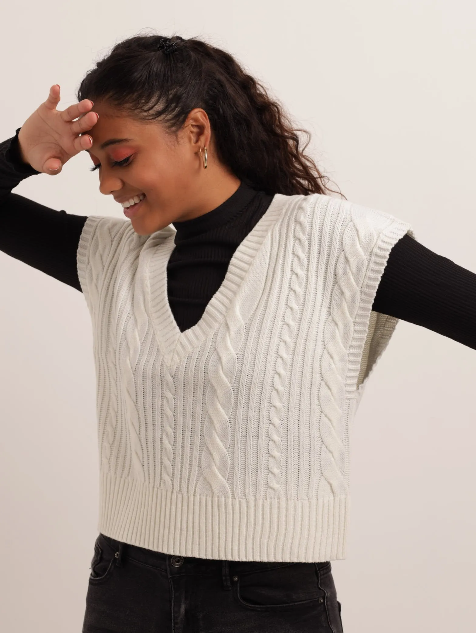 Ladies Sleeveless Cable Knit Pullover - Cream sold by Edgars