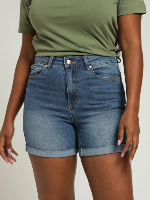 Roll Hem Mid Thigh Classic Denim Shorts - Medium Wash sold by Edgars