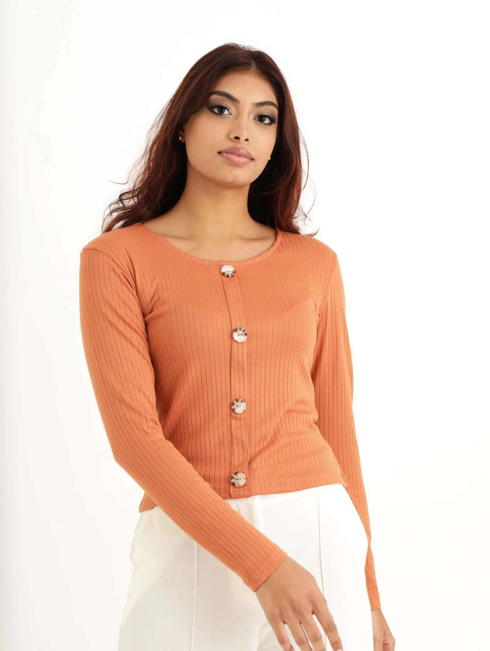 Ladies Long Sleeve Rib Fitted Button Top - Rust sold by Edgars