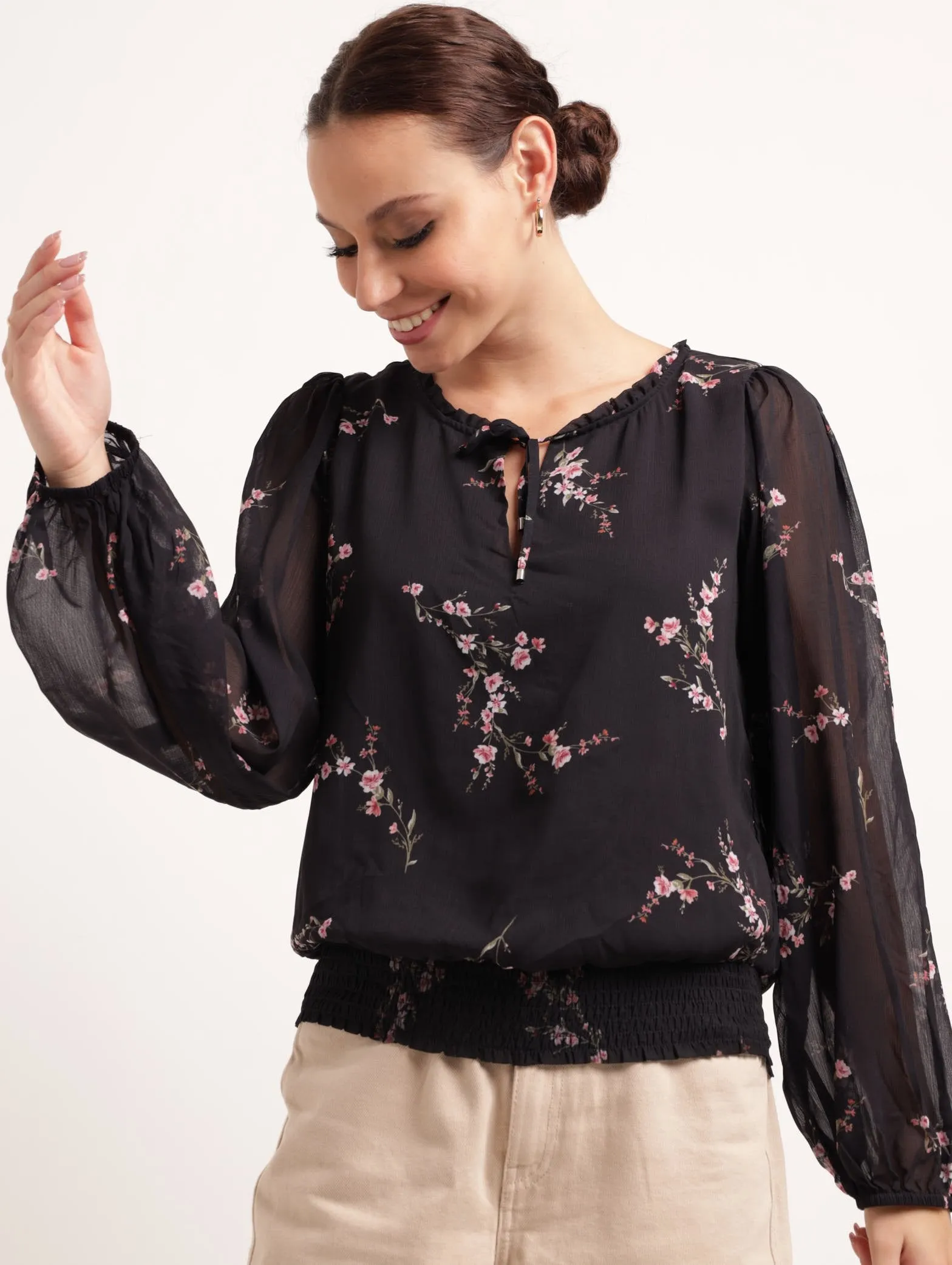 Ladies Ruched Hem Floral Blouse - Black sold by Edgars