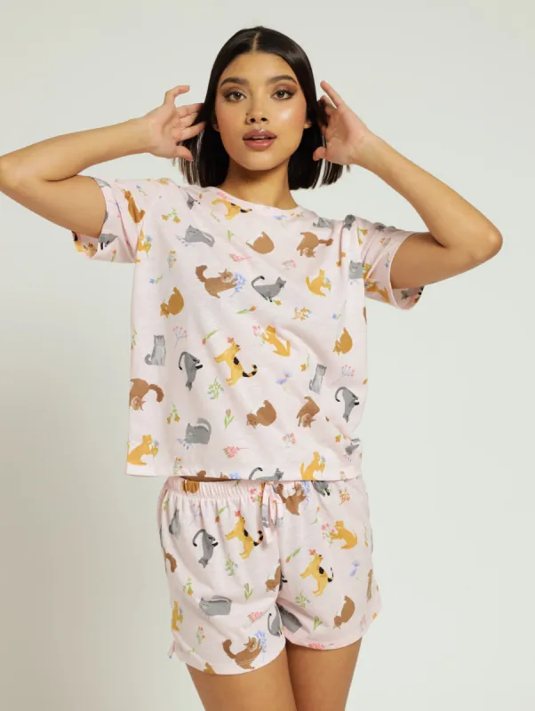 Cats Tee & Short Knit PJ Set - Light Pink made by Edgars