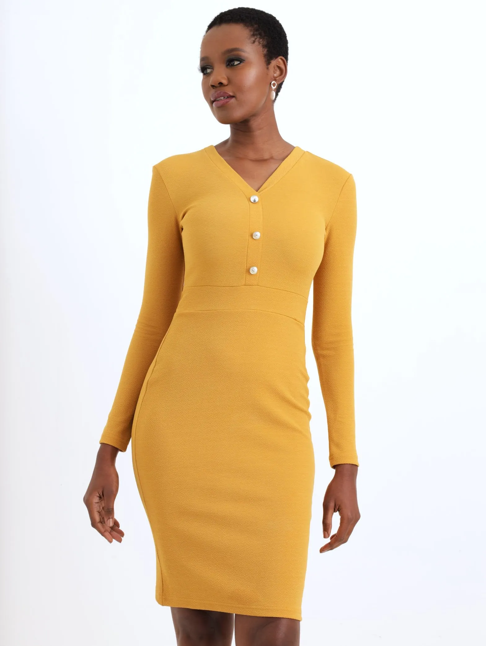 Ladies Button Front Detail Dress - Mustard sold by Edgars