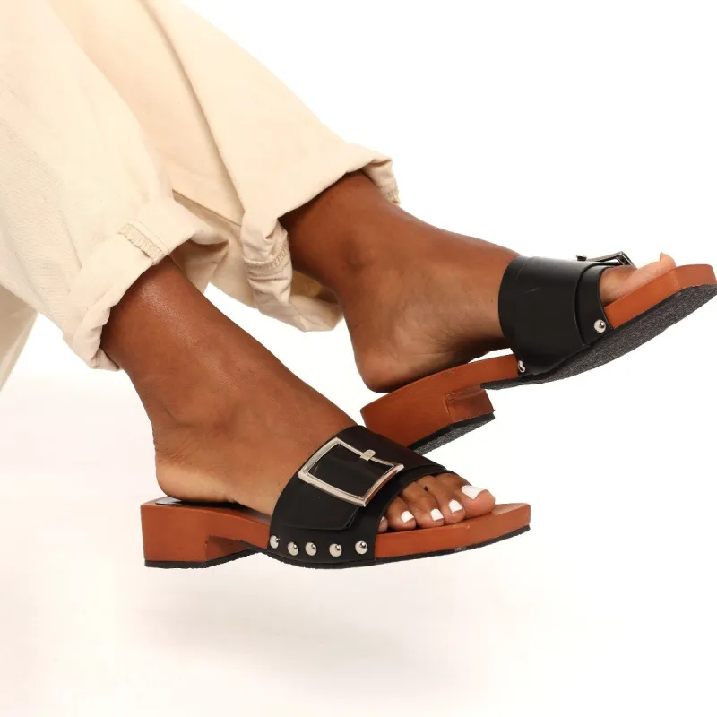 Ladies Studded Buckle Strap Wood Block Heel - Black sold by Edgars