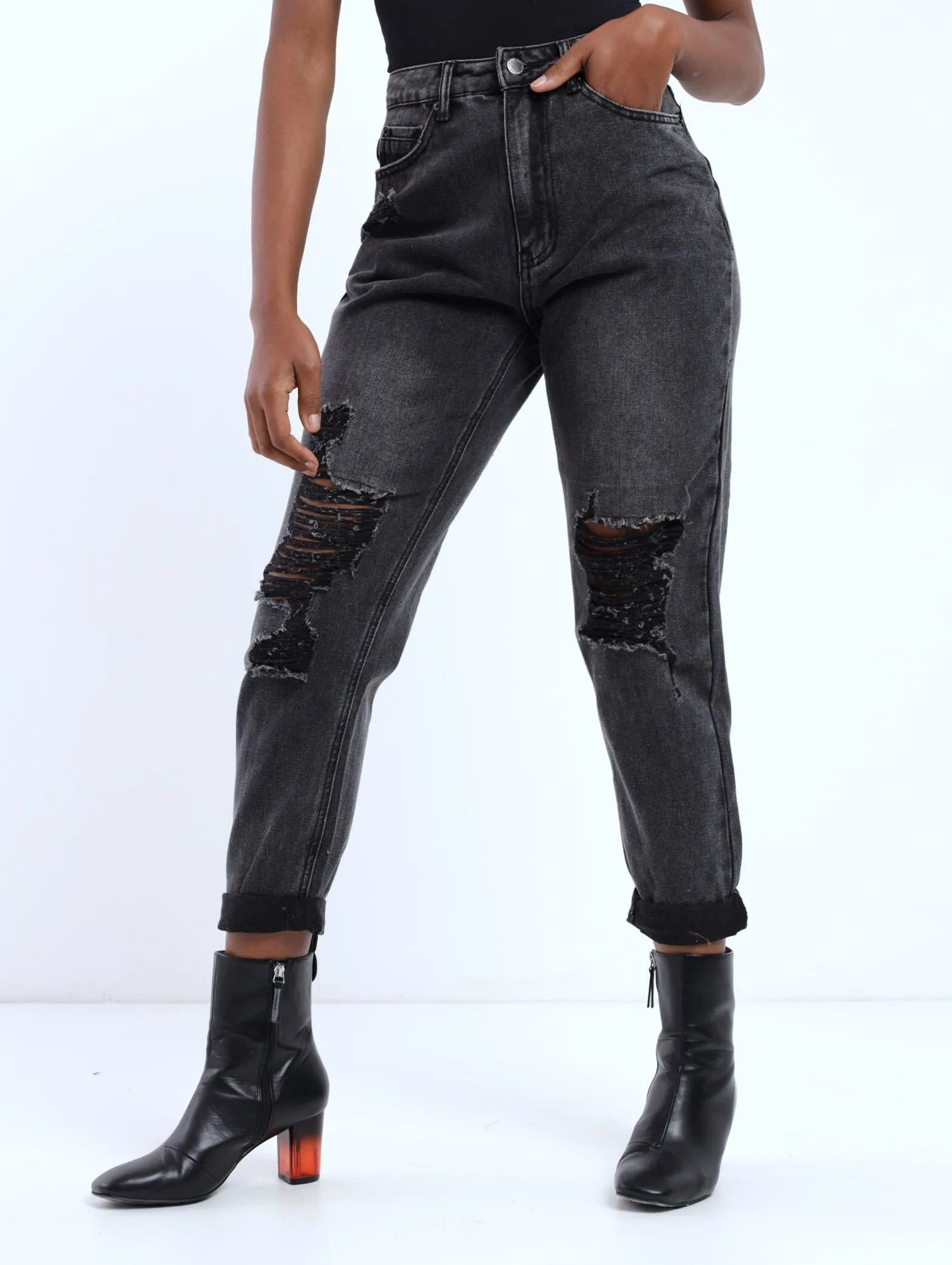 Ladies Charcoal Mid Abraised Mom Denim Jean sold by Edgars