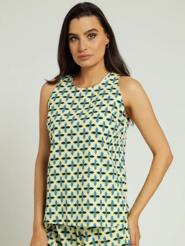 Curved Hem Linen Shell Tank Top - White/Blue/Green sold by Edgars