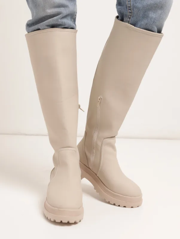 Ladies Plain Wellington Knee High Boot - Oatmeal sold by Edgars