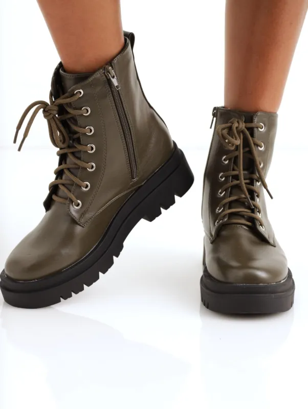 Ladies Military Chunky Sole Boot - Olive sold by Edgars