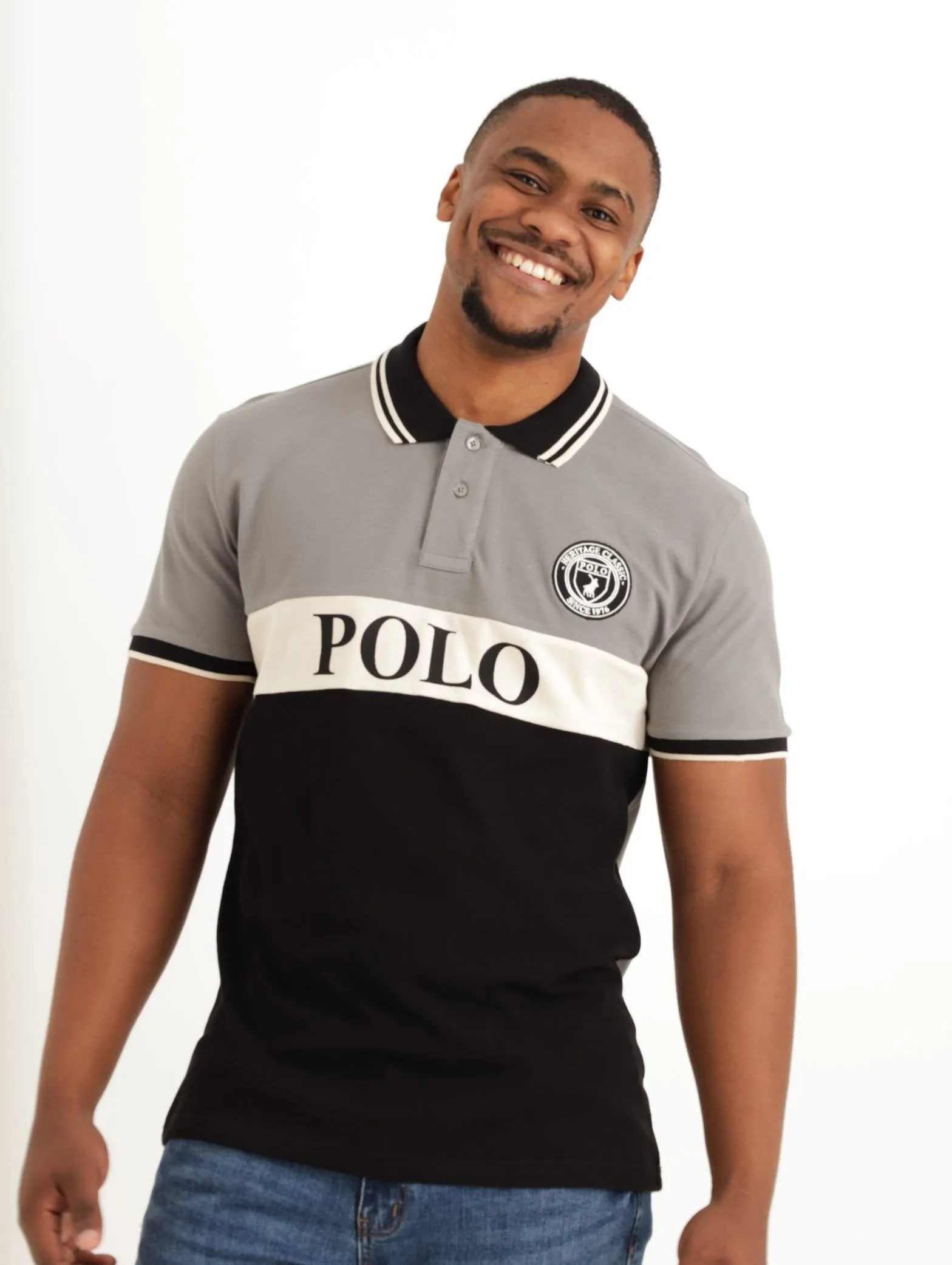 Men's Front Chest Logo Stripe Golfer - Grey sold by Edgars