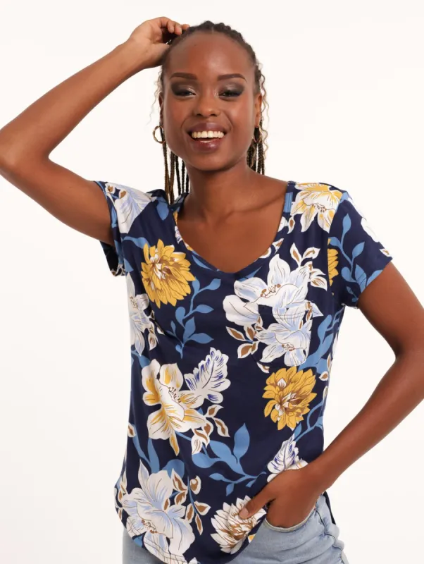 Ladies All Over Print Pocket Tee - Navy/White sold by Edgars
