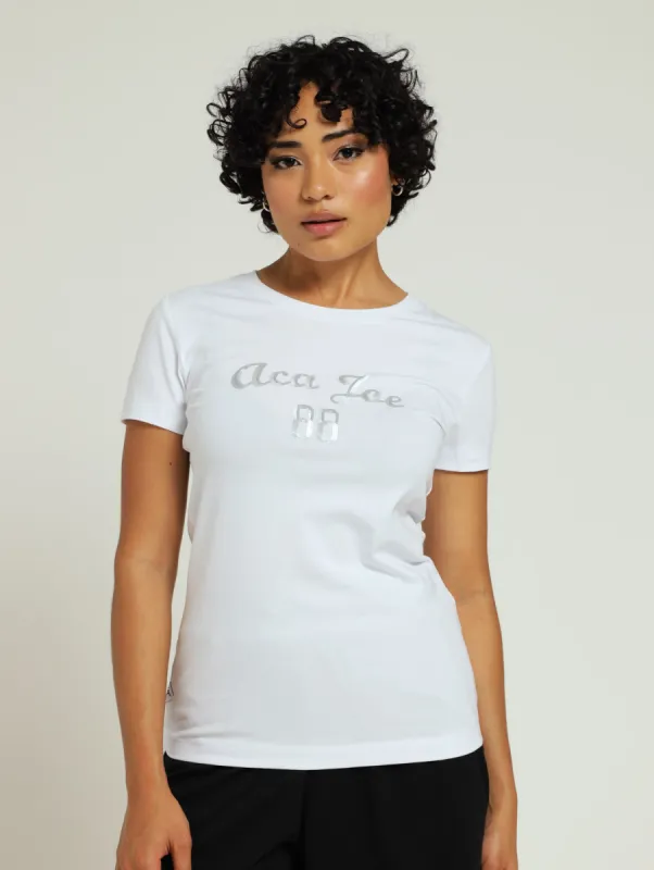 Cotton Lycra Silver Sequin Crew Tee - White sold by Edgars 