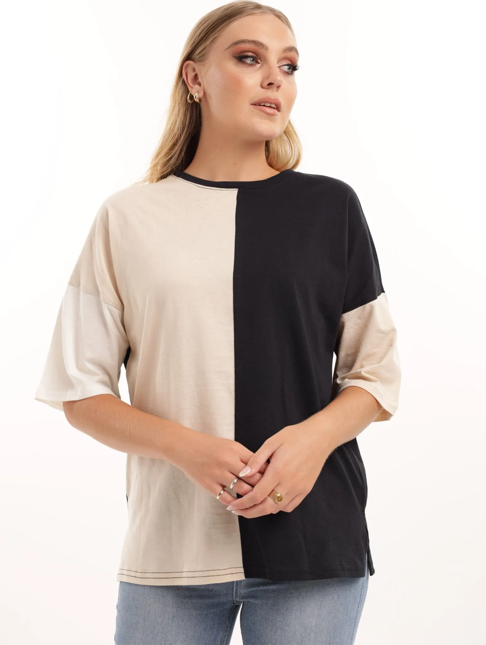 Ladies Colourblock Oversize Tee - Black/White sold by Edgars