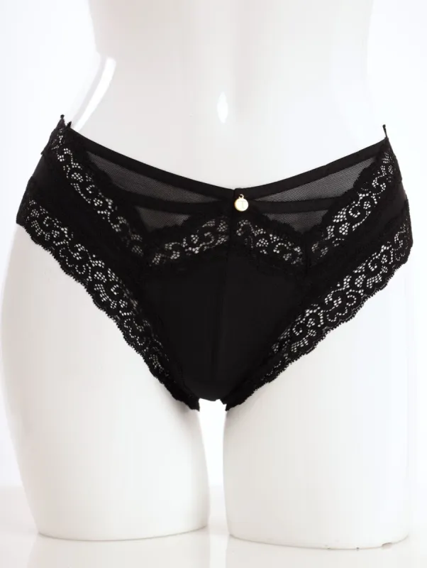Ladies Microfibre Brazilian Panty With Lace Trims - Black sold by Edgars