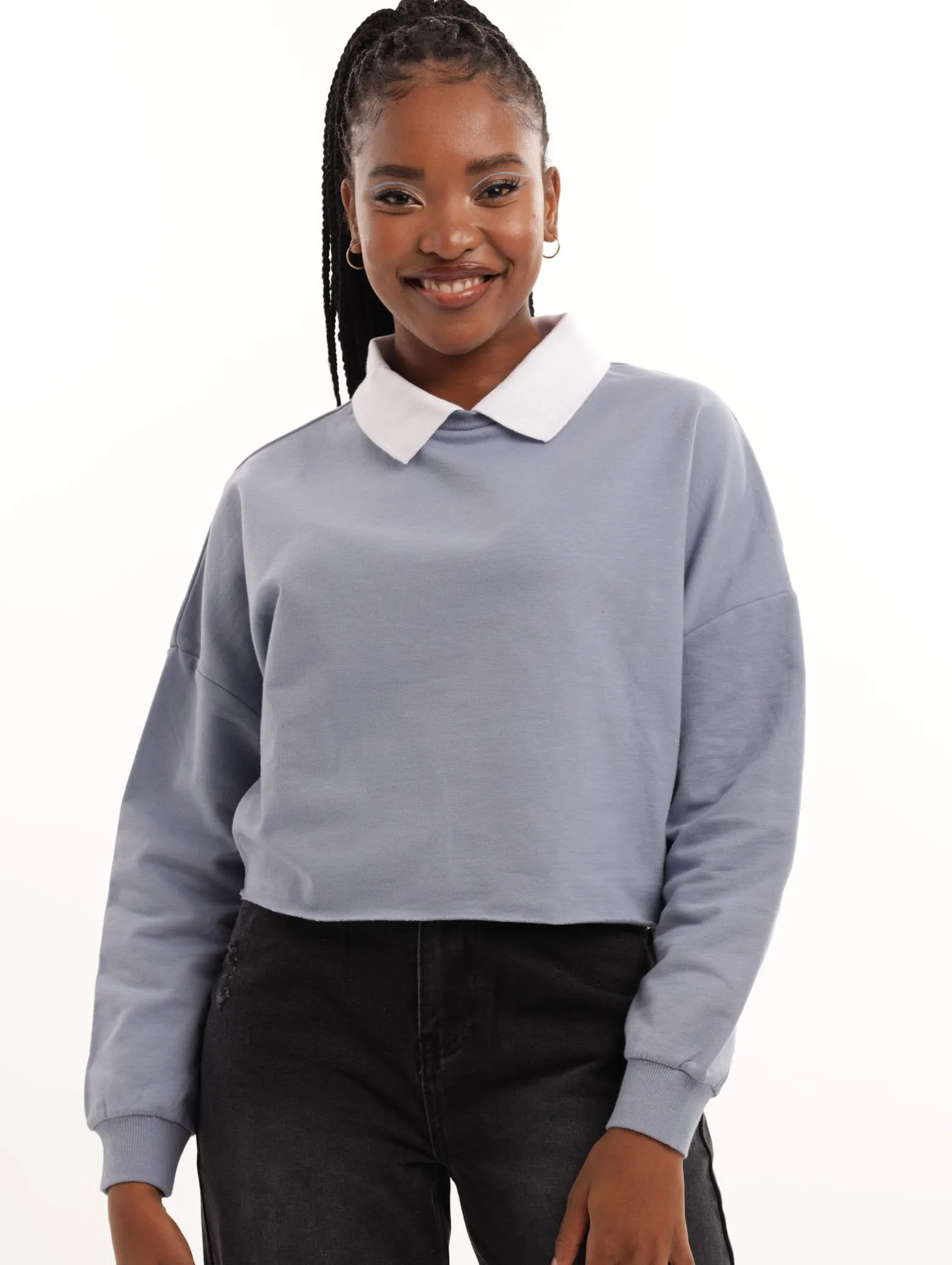 Ladies Cropped Collar Fleece Top - Blue sold by Edgars