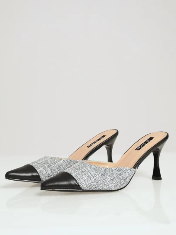 Tweed Pointed Toe Cap Heel - Black/White sold by Edgars 