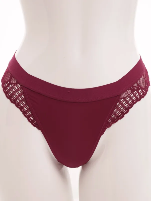 Ladies Dipped Front Microfibre & Lace Thong Panty - Plum sold by Edgars
