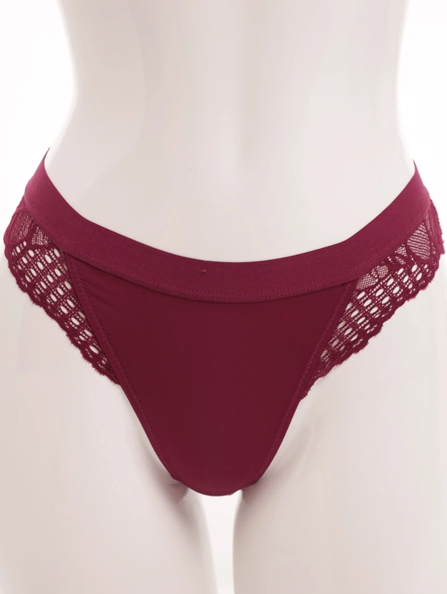 Ladies Dipped Front Microfibre & Lace Thong Panty - Plum sold by Edgars
