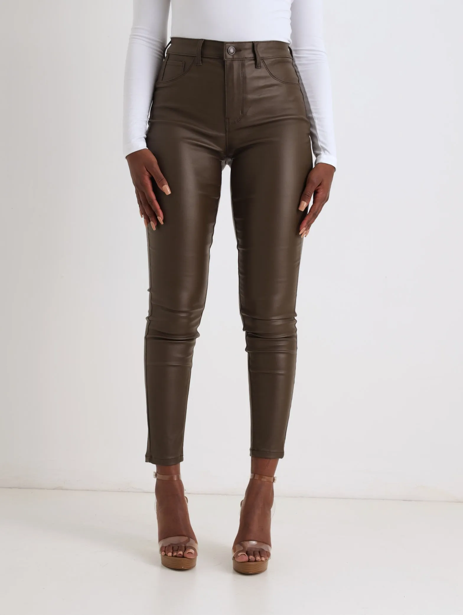 Ladies 5 Pocket PU Skinny Pant - Brown sold by Edgars